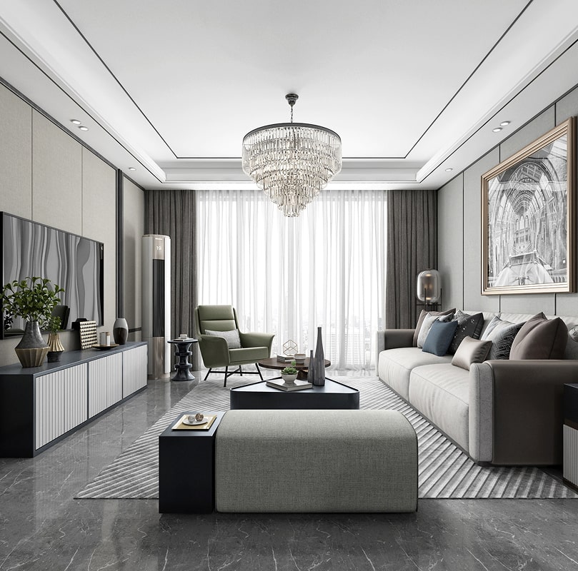 Geniş pencereler ve avizeyle tasarlanmış zarif salon